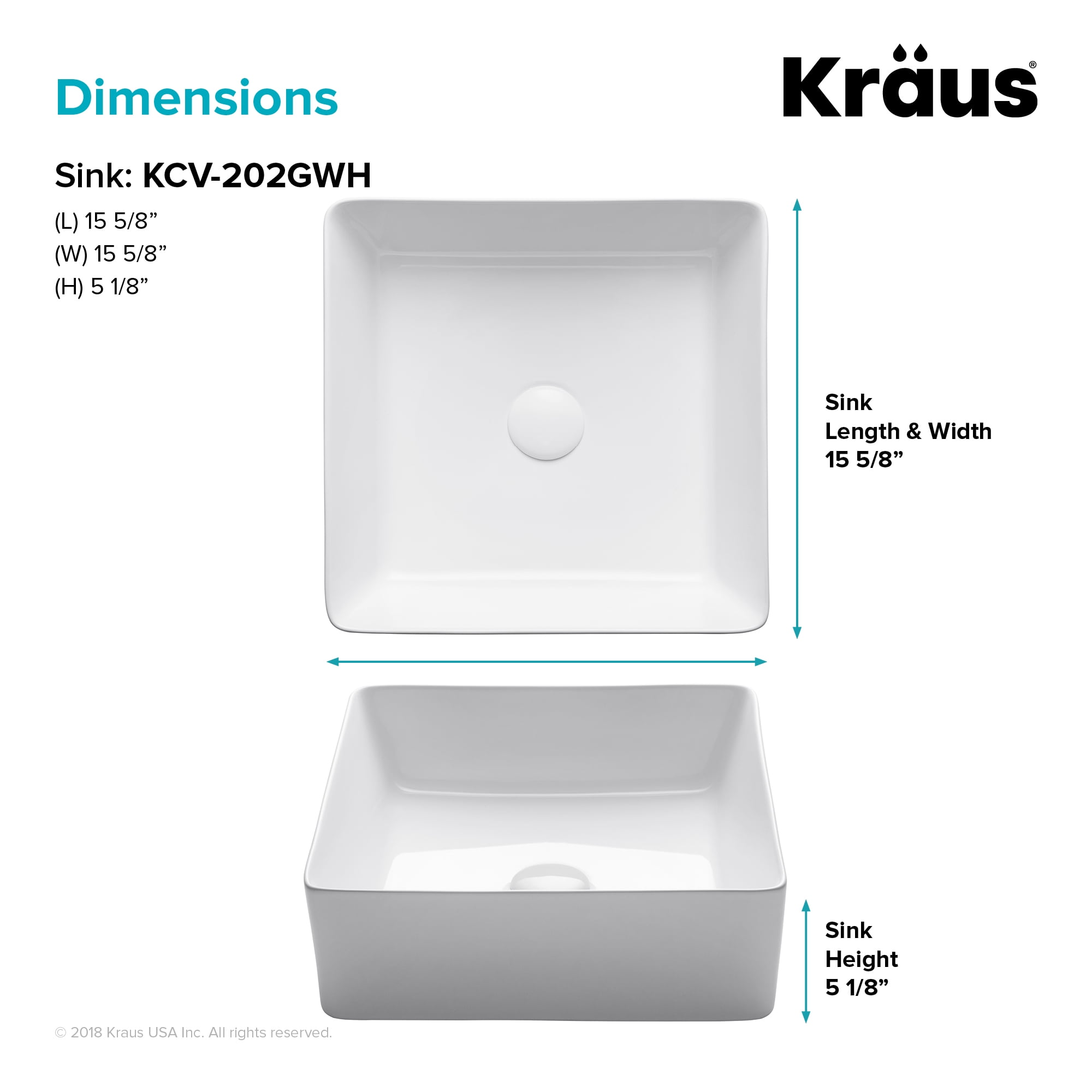 KRAUS Viva Square White Porcelain Ceramic Vessel Bathroom Sink, 15 5/8 in. L x 15 5/8 in. W x 5 1/8 in. H