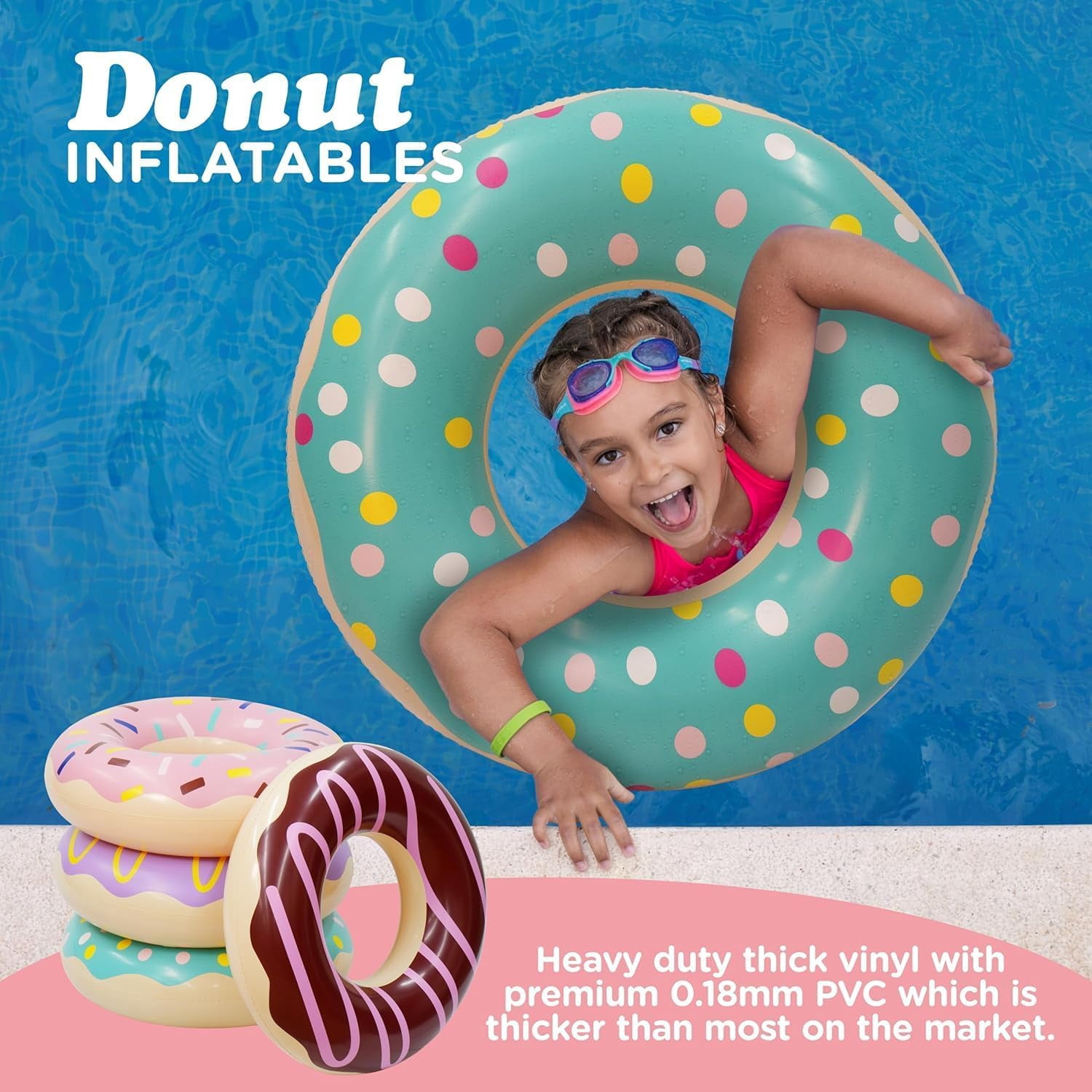 4E's Novelty 4-Pack Pool Donut Floats 30" Swim Rings For Kids & Adults, Vibrant, Durable Pool Party Floaties