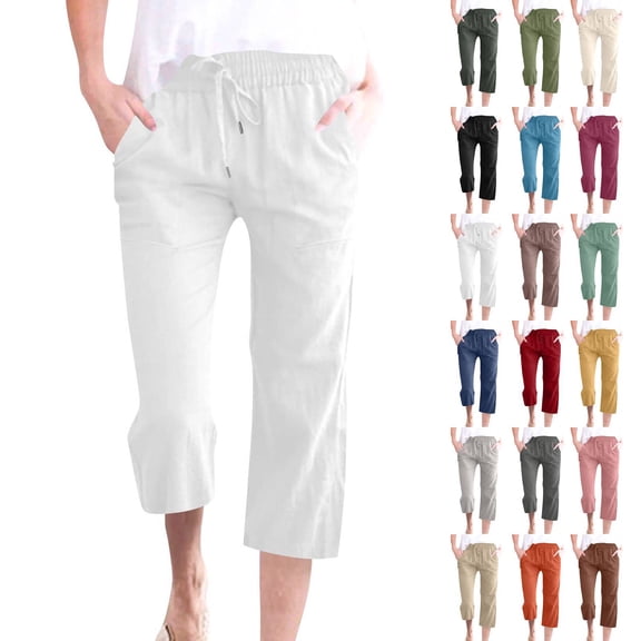 Petite Capris for Women with Pockets Below Knee Summer Casual Cotton Linen Pants Straight Leg Vacation Beach Crop Pant with Pockets White S