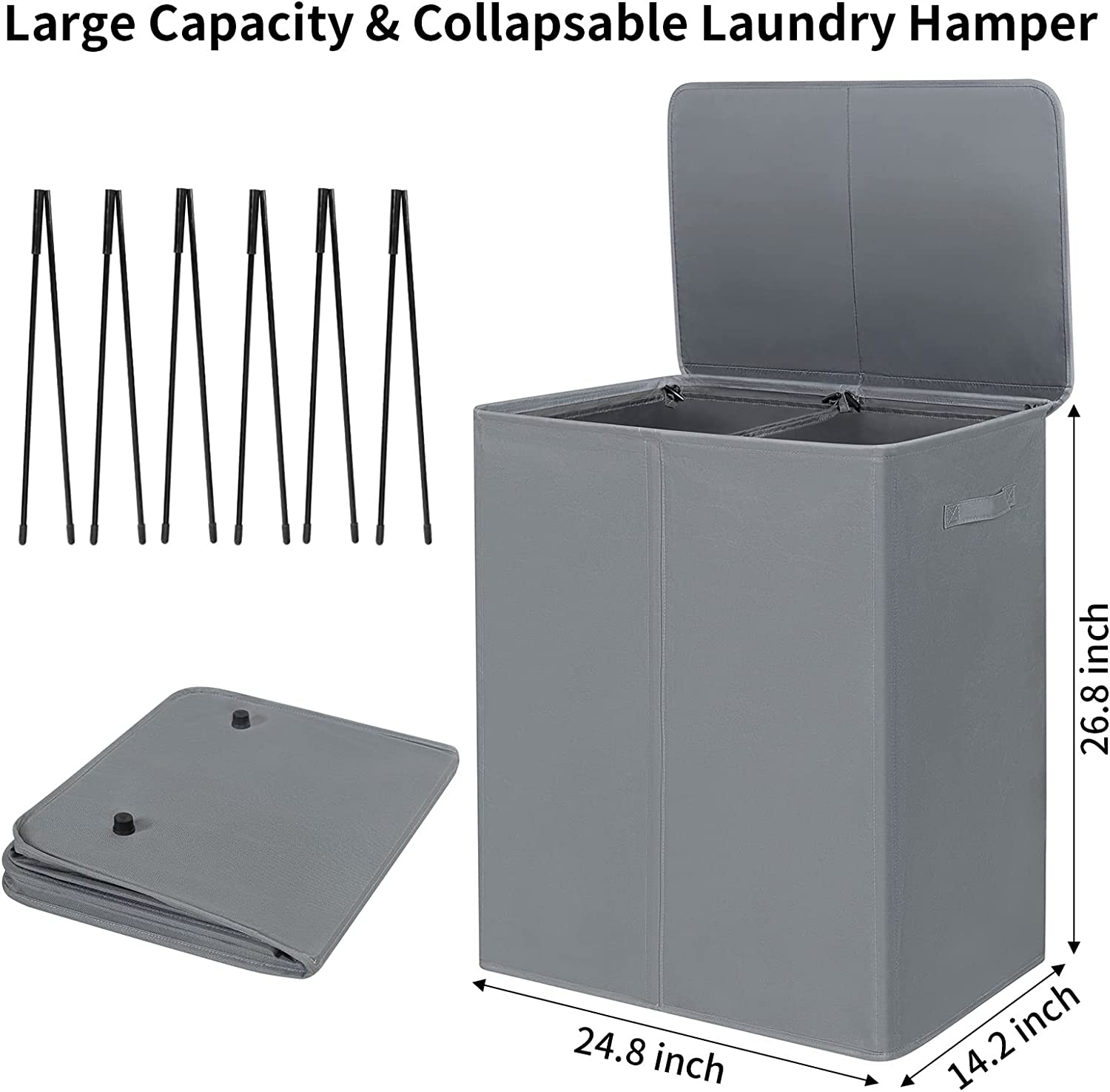 154L Double Laundry Hamper with Lid and Removable Laundry Bags, Large Dirty Clothes Hamper 2 section Collapsible Laundry Basket Dorm Room Storage for Bedroom, Bathroom, College,Grey