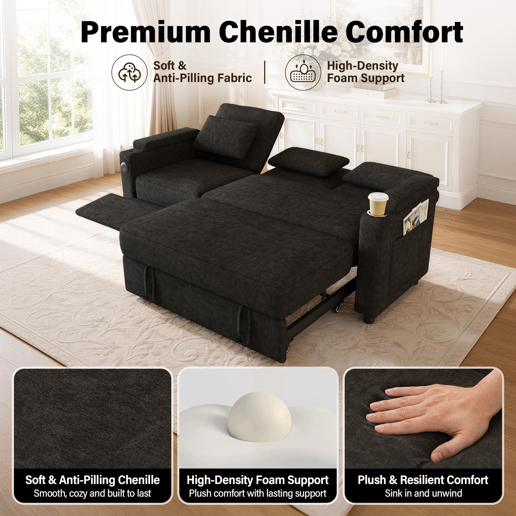 Aukfa 81" Convertible Sleeper Sofa,Chenille 3-in-1 Sofa Bed with Recliner,Center Table,USB Ports & Storage Armrests,Black