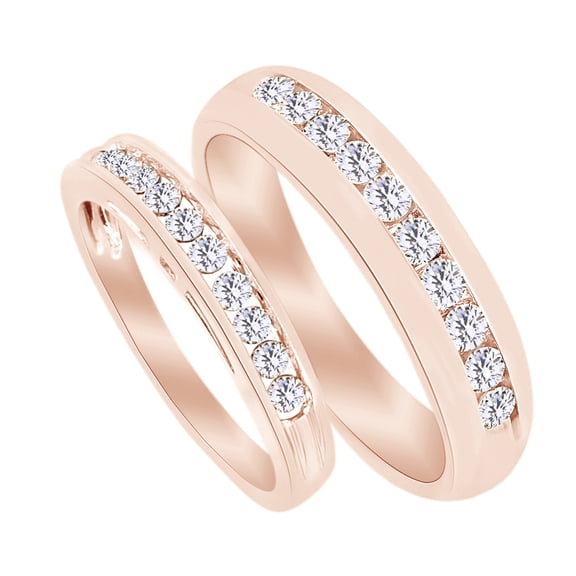 Round Cut White Natural Diamond His and Hers Wedding Band Ring Set in 14k Rose Gold (0.75 Cttw)