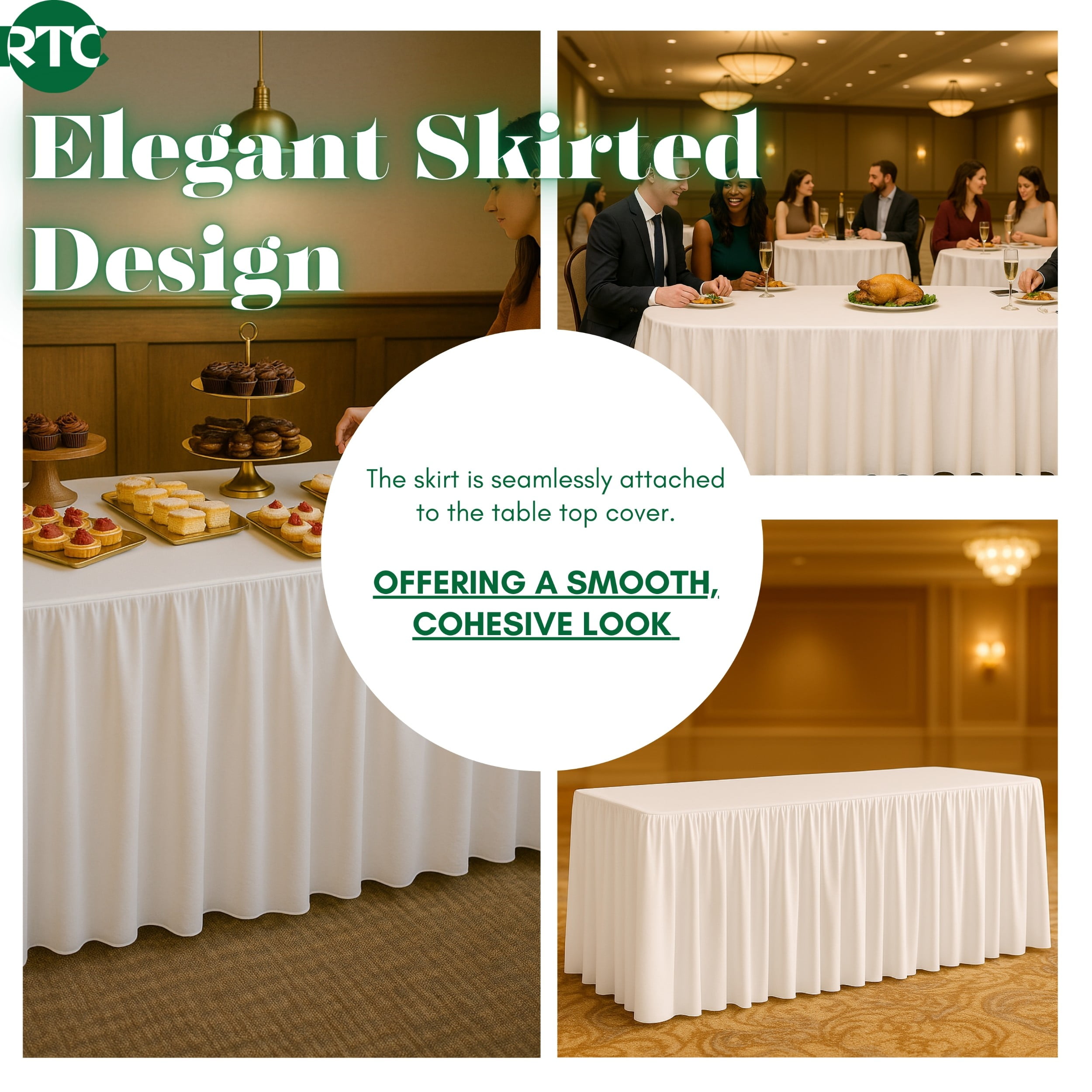 RTC Group Spandex Rectangular Tablecloth Skirt Table Cover, 6Ft Table, 72" x 30", White, 4 PK
