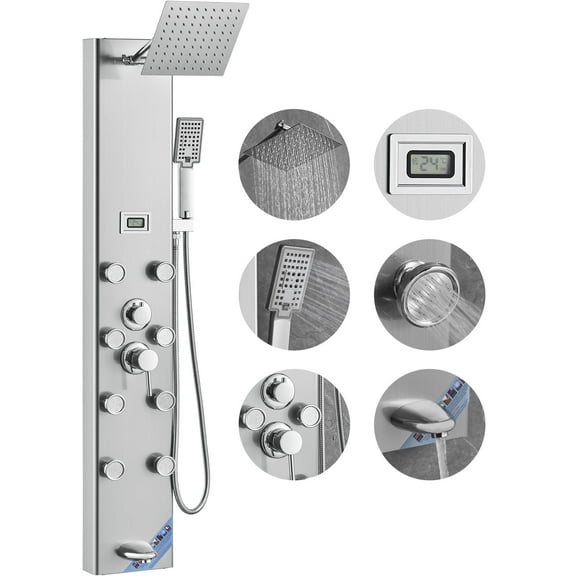 VEVOR Shower Panel System, 5 Shower Modes, Digital Display Shower Panel Tower, Rainfall, 8 Massage Jets, Tub Spout, 3-Setting Handheld Shower Head 59" Hose, Stainless Steel Wall-Mounted Shower Set