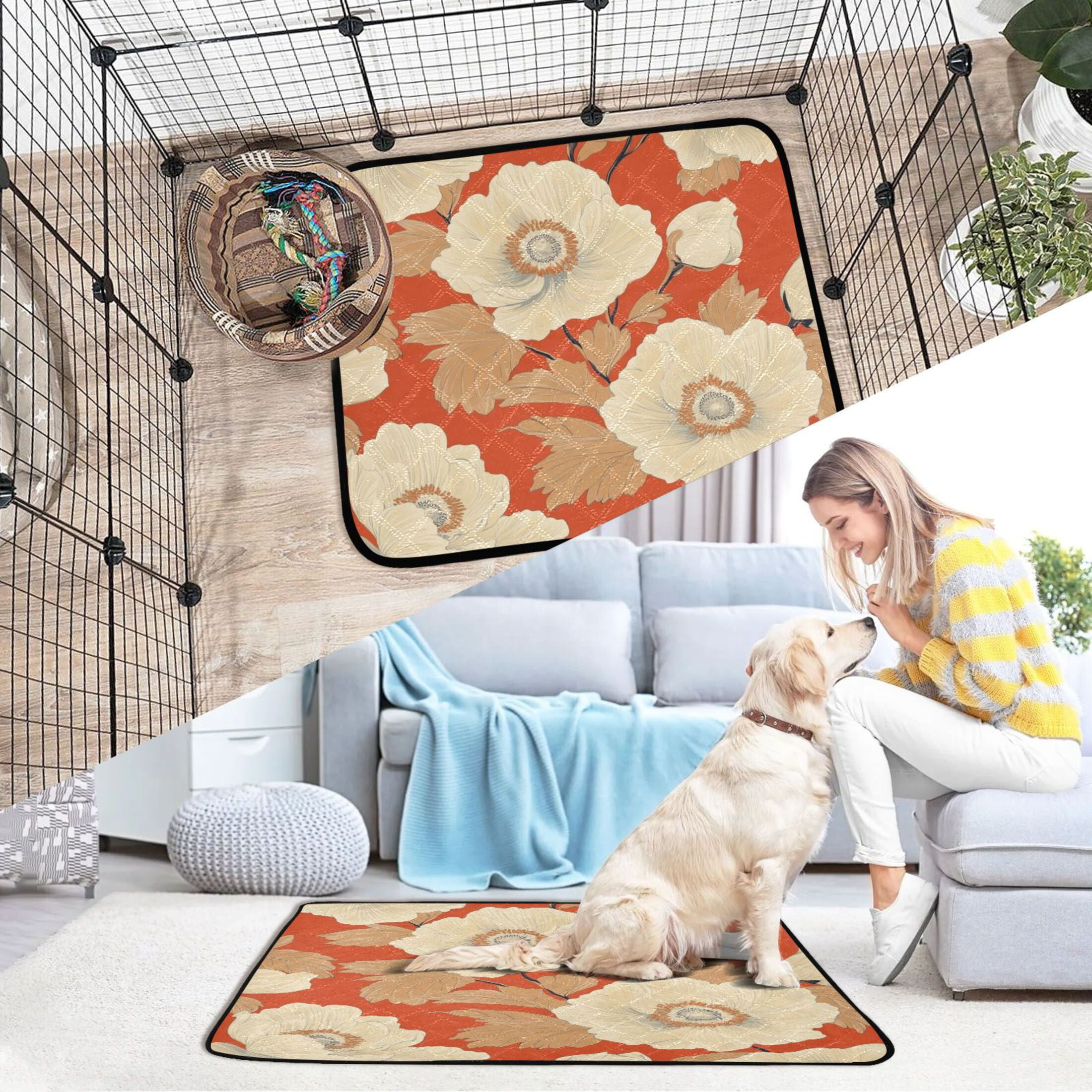 Qxltty White Flowers Orange Pattern Cat litter Pads Pet Set of 3 Diaper Mats Center Anti-leakage Layer Absorbent Soft and Comfortable