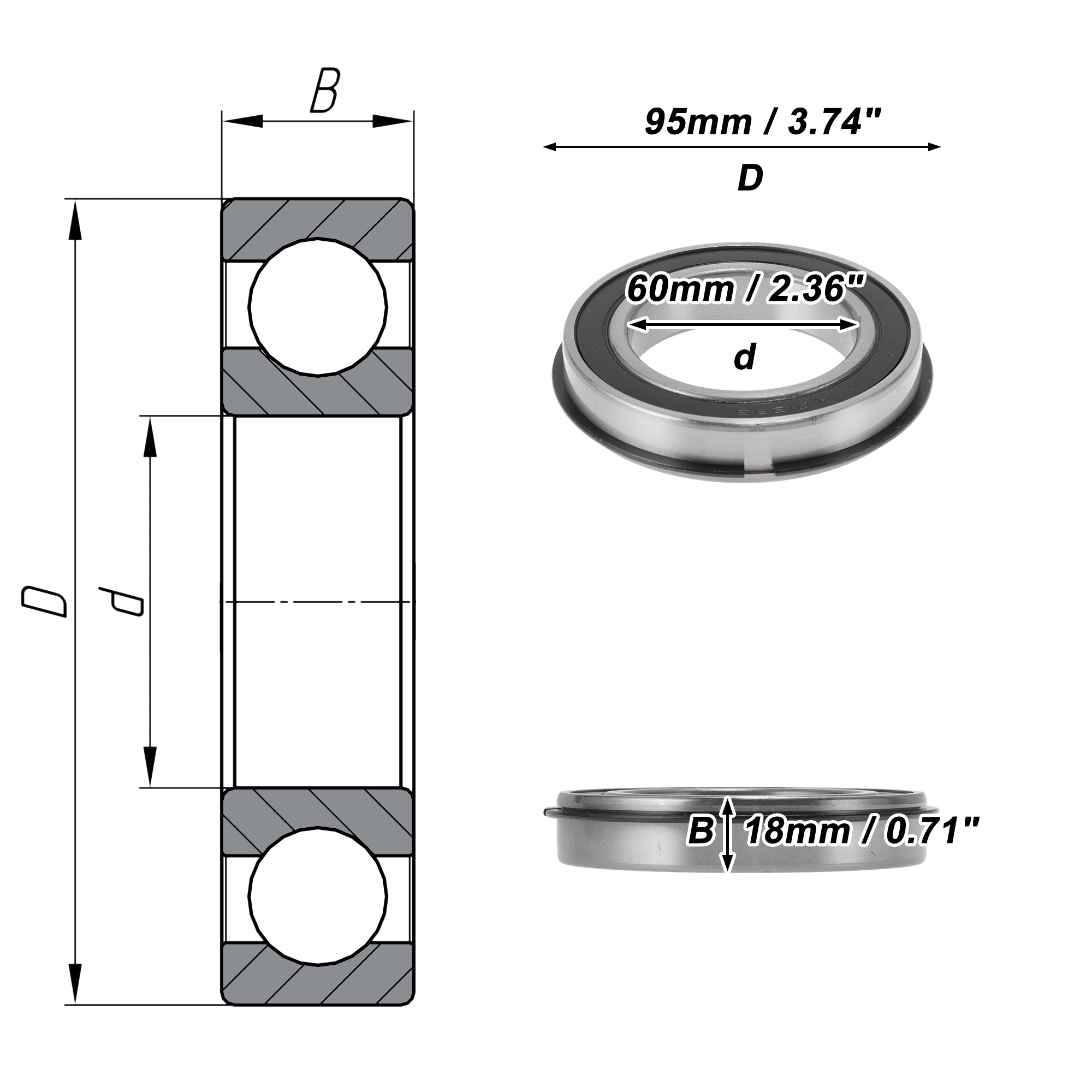 Unique Bargains 6012NR2RS Deep Groove Ball Bearings 60x95x18mm P6 Double Rubber Seal Lubricated Bearings 1 Pc Car Scooter Skateboard Wheel Universal Black