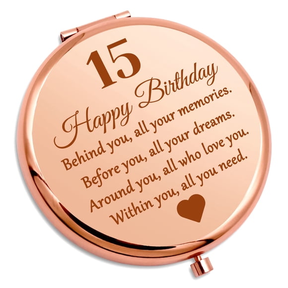 Gevody Espejo de maquillaje compacto para 15 cumpleaños, espejo redondo de acero inoxidable con soporte de mesa, portátil y liviano, ideal para viajes y uso diario