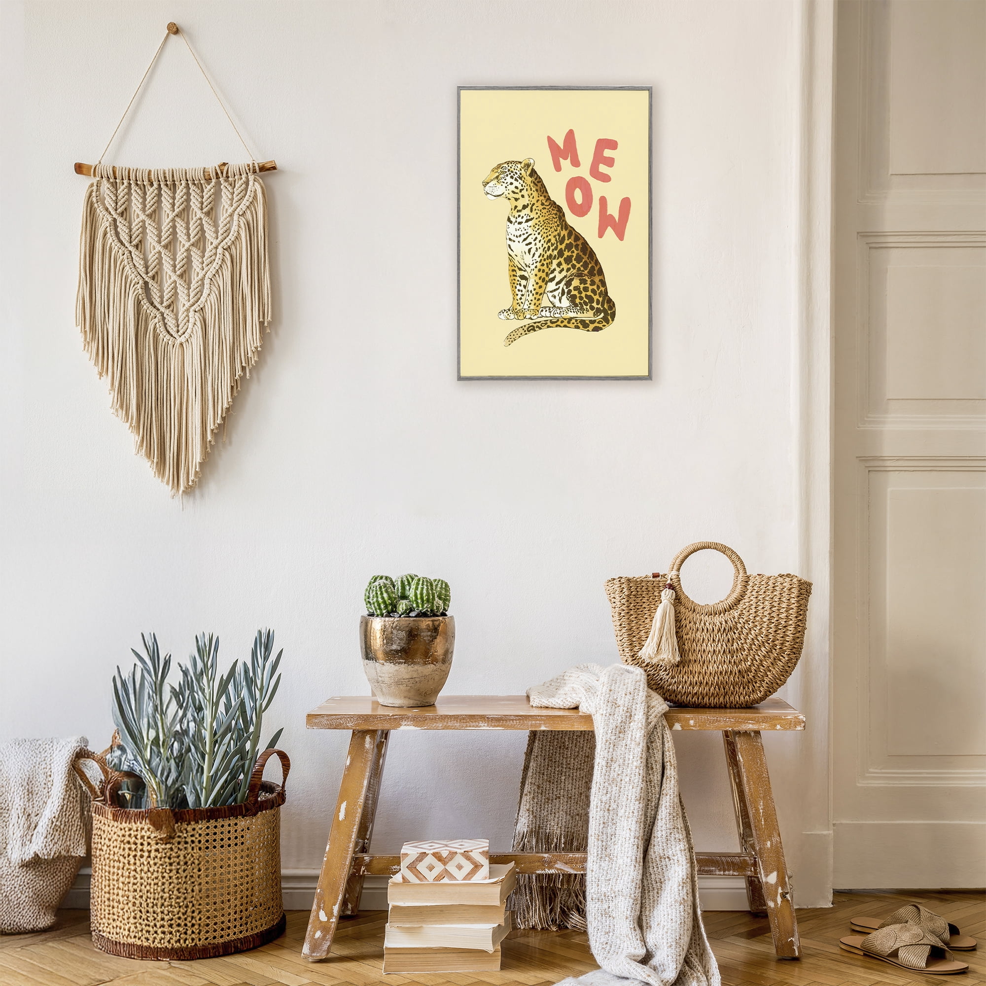 Stupell Industries Meow Leopard on Yellow Gray Framed Giclee Art, design by Florentina Dolci