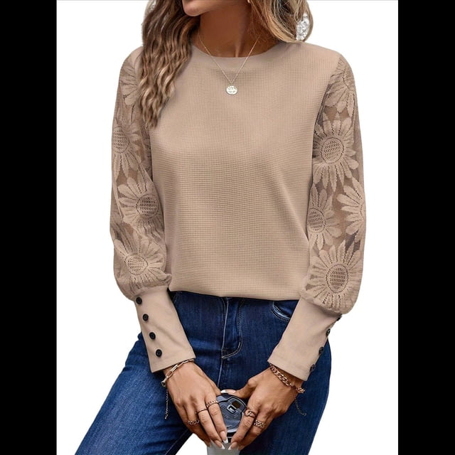 Top de Cuello Redondo con Encaje Bordado y Larga en Color Liso para Mujer Albaricoque XL