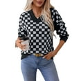 thumbnail image 2 of Women'S Cropped Plaid Sweater V-Neck Long Sleeve Crop Sweater Pullover Jumper Knit Top Black XL, 2 of 9