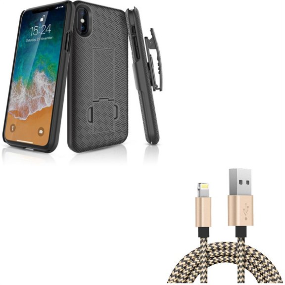 USB Cable w Case Belt Clip for iPhone XS/X - 6ft Charger Cord Power Wire, Holster Swivel Cover Kickstand Armor for iPhone XS/X