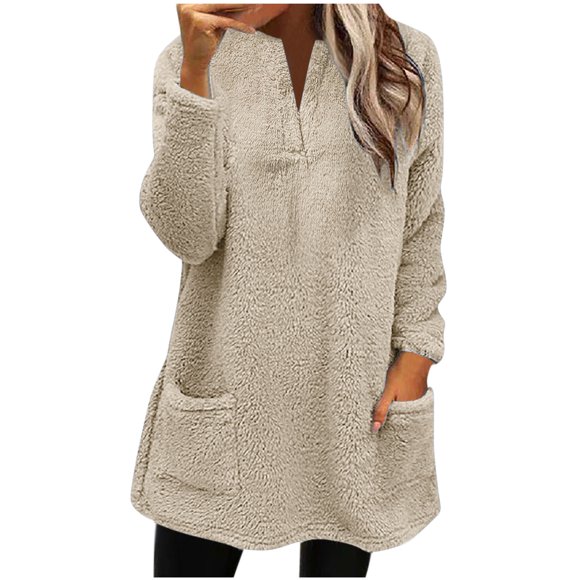 Bowake Fall Winter Women's Fuzzy Fleece Sweatshirts Casual Long Sleeve V Neck Sherpa Sweaters Pullover with Pockets