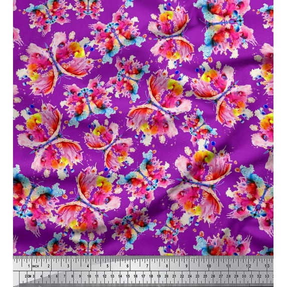 Soimoi Purple Poly Georgette Fabric Insect Watercolor Printed Craft Fabric by The Yard 42 Inch Wide