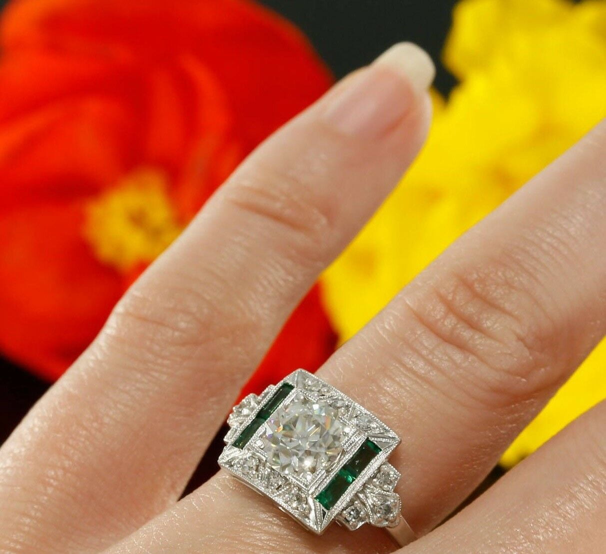 HeartsAndYou 1.5ct Round Cut Moissanite Emerald Art Deco Engagement Ring for Women 18k White Gold Over Silver