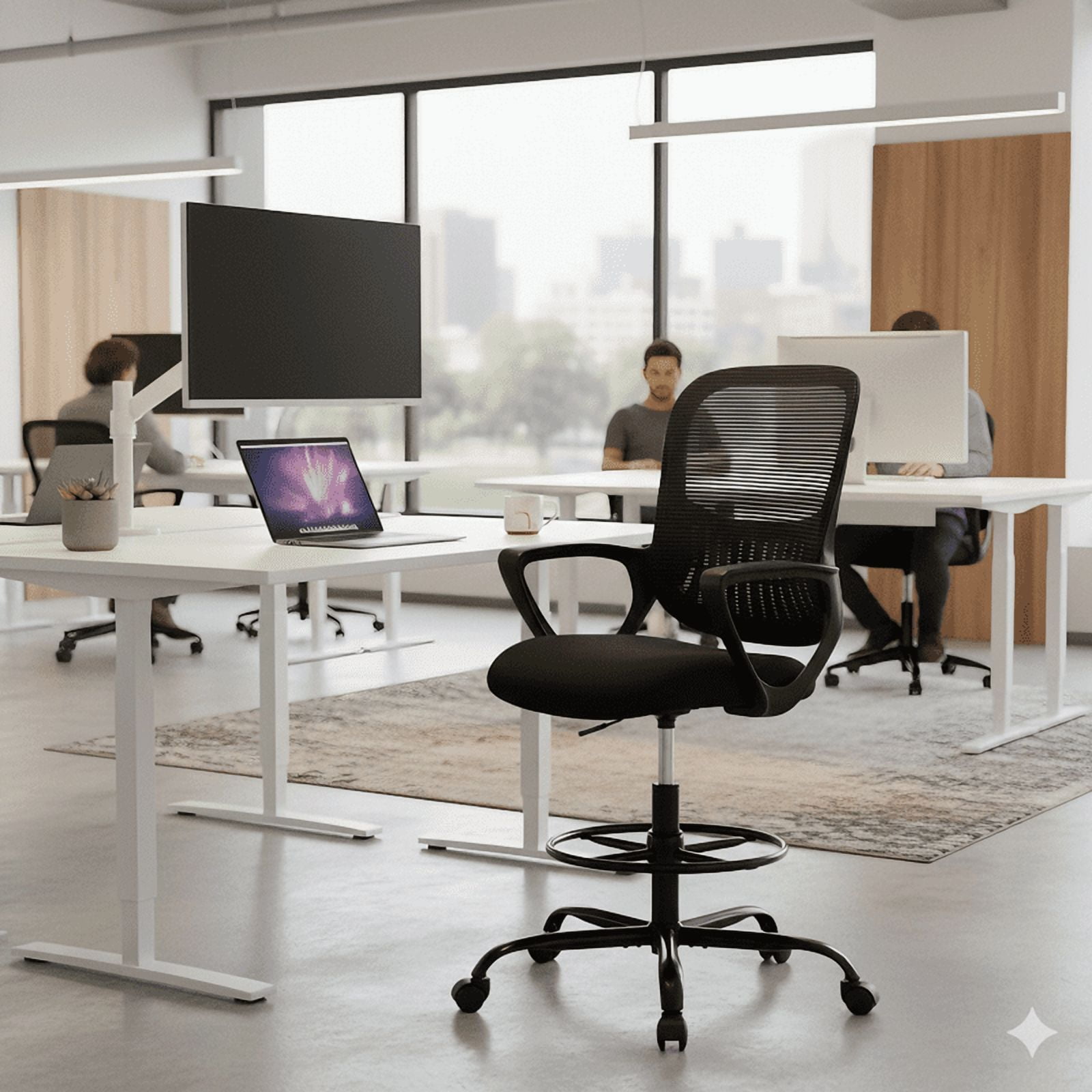 Tall Office Desk Chair, Ergonomic Mid-Back Mesh Chair with Adjustable Foot Ring, Wheels,Fixed Arms for Home Office, Gaming, Study, Black