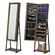 Industrial Mirror Jewelry Cabinet Armoire,6 LEDs Mirrored Jewelry Storage,Rustic Brown