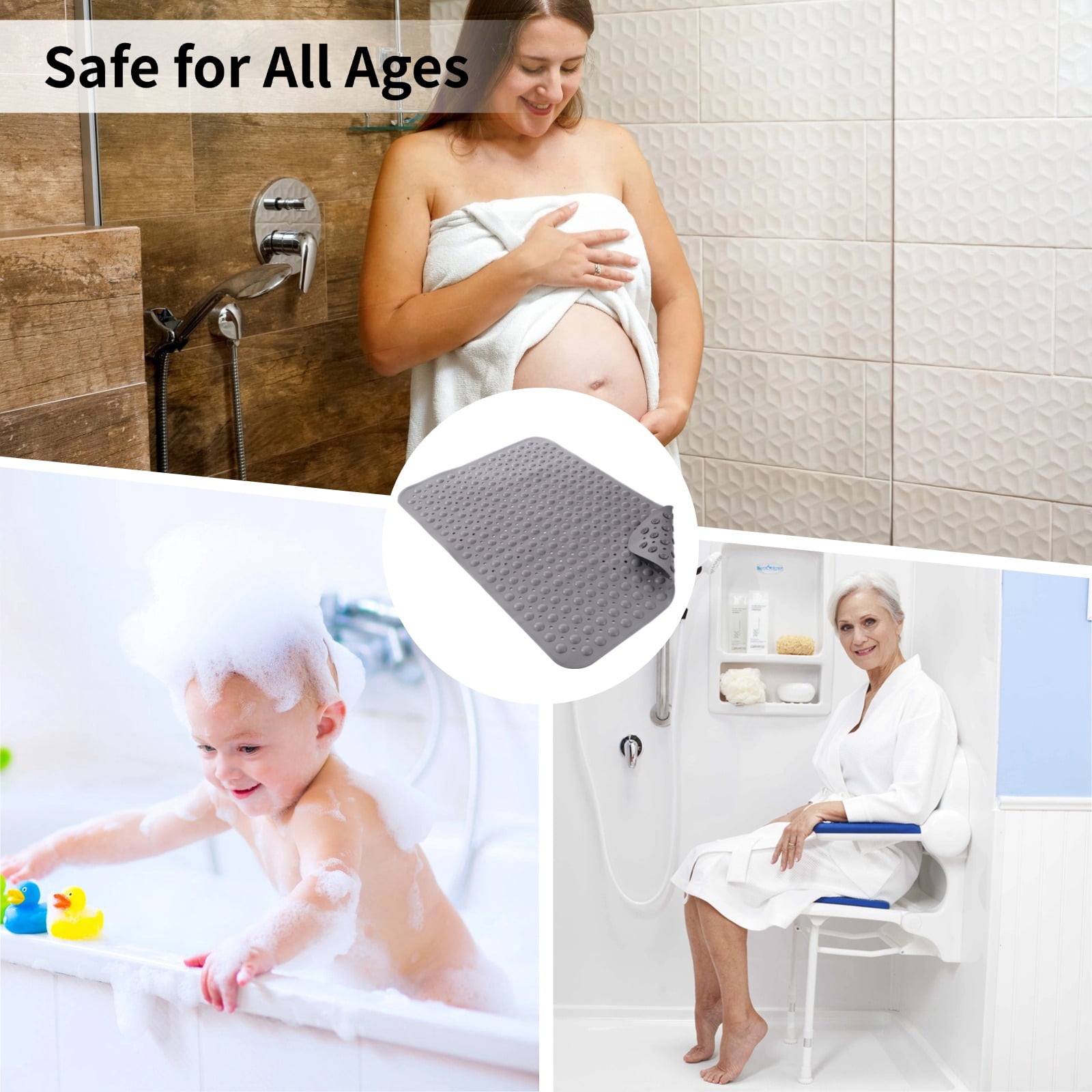 Extra Large Non-Slip Shower Mat – 35.4" x 23.6" TPE Bath Mat with Drain Holes & Suction Cups, Anti-Slip Safety Mat for Walk-In Showers, Elderly, Pregnant Women & Kids, Quick-Drying Design