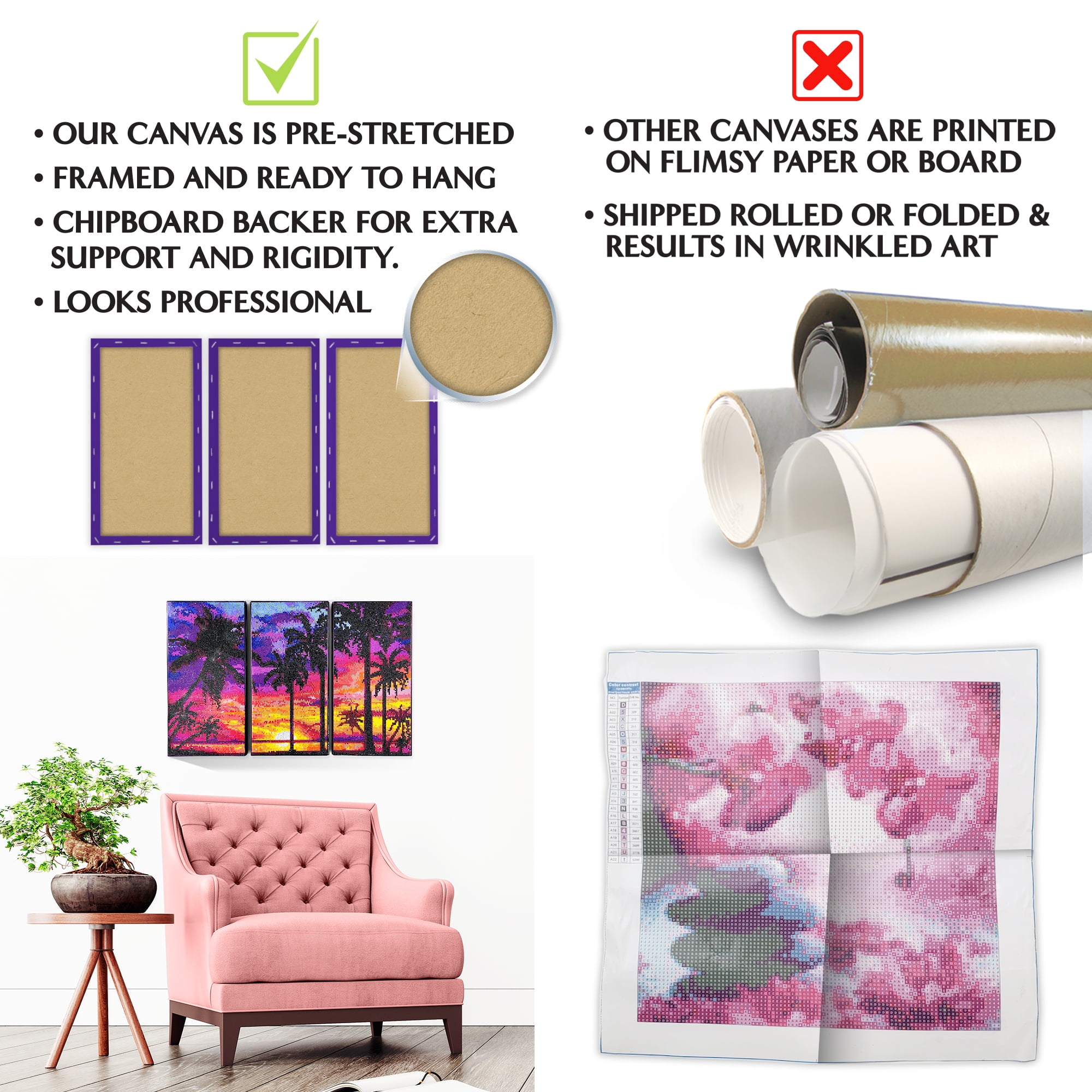 ArtSkills Diamond Painting Kit, Diamond Art Ready to Hang Framed Canvas with Storage and Accessory Kit, Beach, 3 Stretched Canvas Panels, 14” x 7” Each