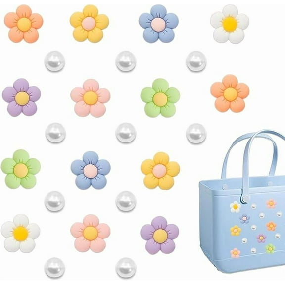 24Pcs Flowers and Pearls Charms for Bogg Bags, Cute Color Decoration Accessory for DIY Rubber Beach Tote Handbag