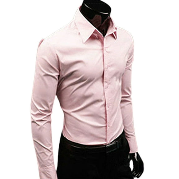Ayyufe Men's Solid Candy Color Long Sleeve Slim Fit Dress Shirt Top Pink