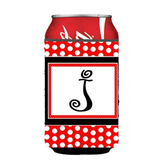 Letter J Initial Monogram - Red Black Polka Dots Can or Bottle  Hugger