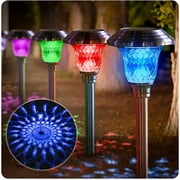 8 Pack Solar Lights with 7 Color Changing Pathway Outdoor Garden Stake Glass Stainless Steel Waterproof Auto On/Off Sun Powered Landscape Colorful Lighting Effect for Yard Walkway Spike