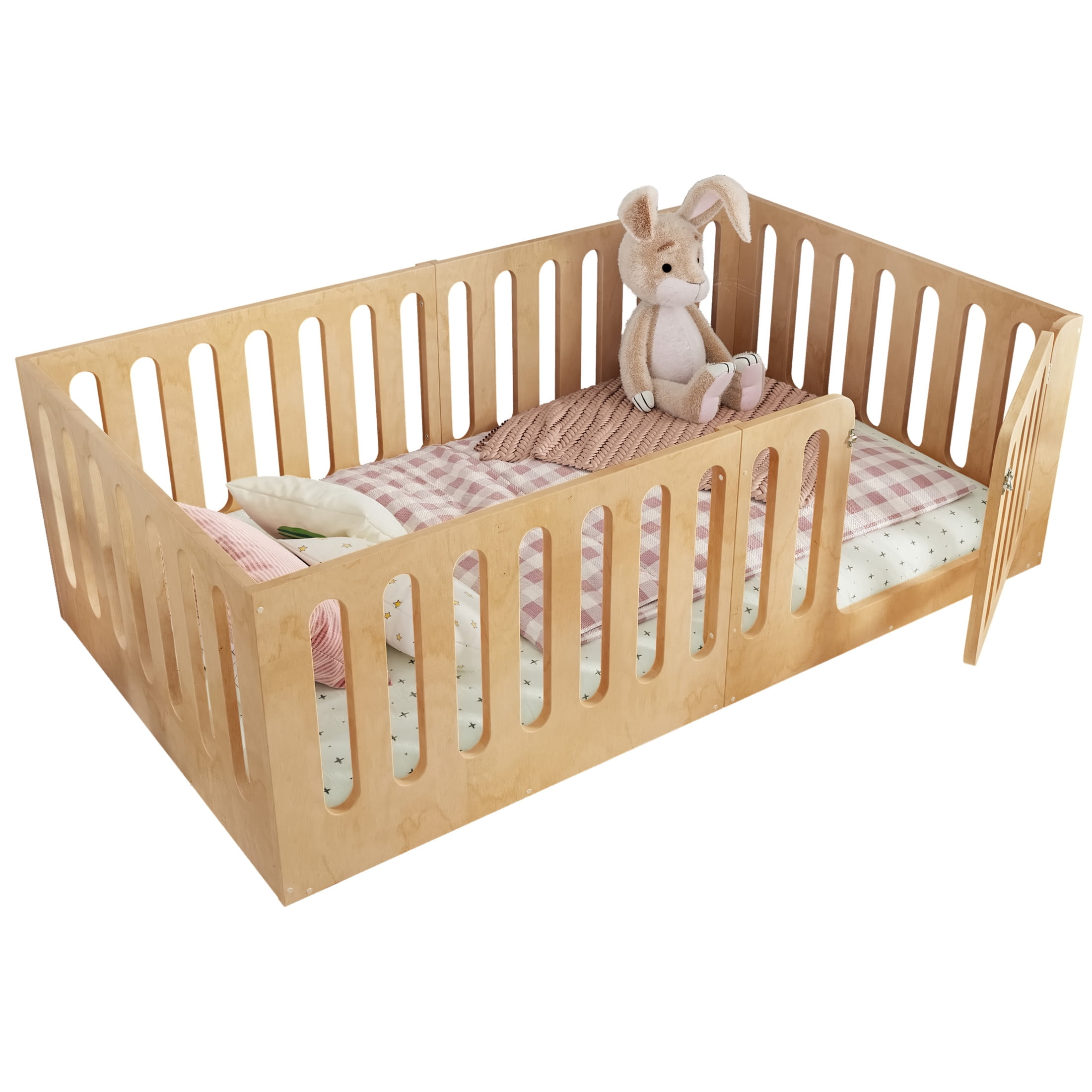 Noble House Twin Size Montessori Floor Bed with High Fence, Solid Wood Kids Bed Frame, Natural