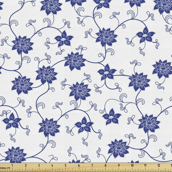 Ambesonne Blue Fabric by the Yard Upholstery, Chinese Floral Nature, 5 Yards, Violet Blue White