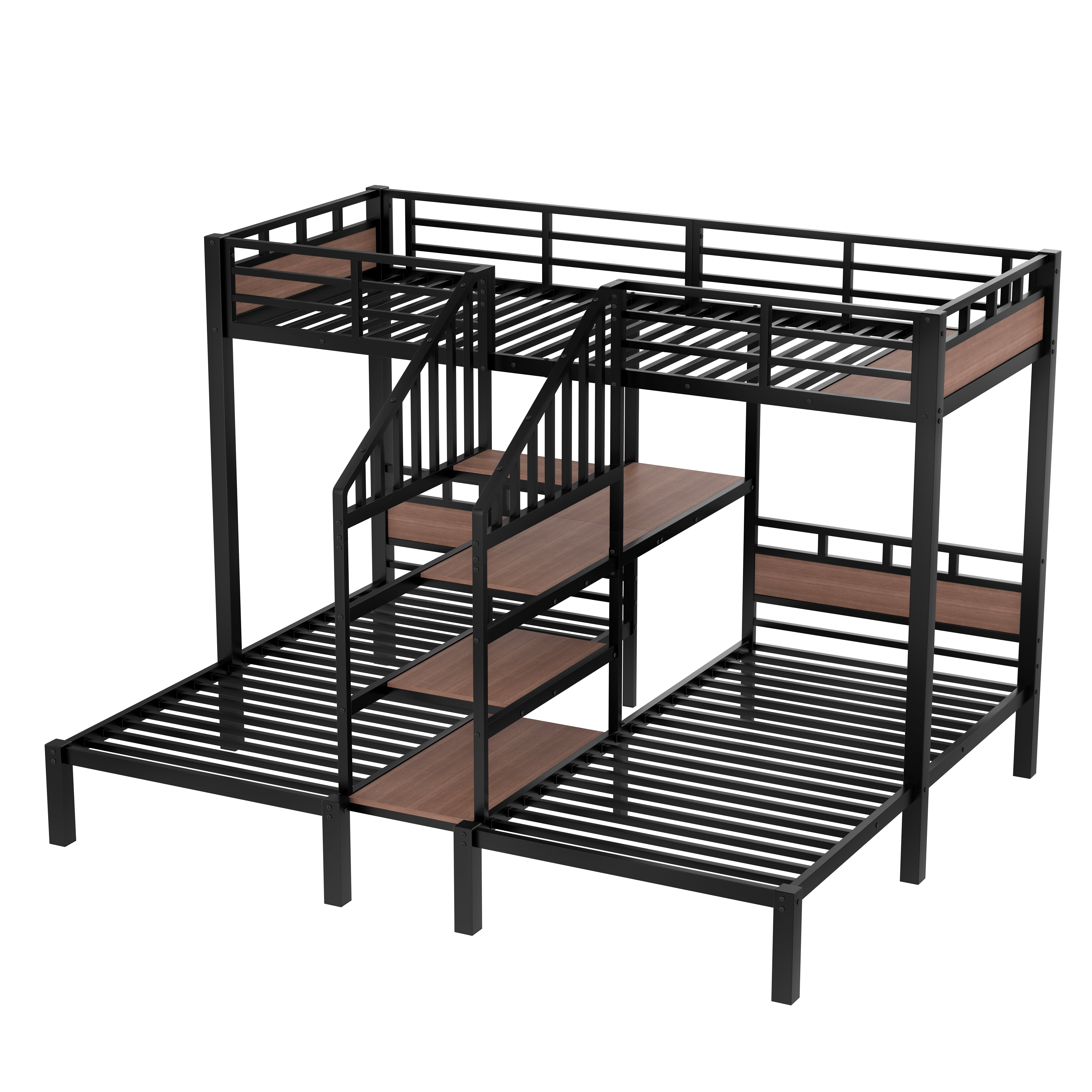 Triple Bunk Bed, Metal Bunk Bed, Twin over Twin over Twin with Storage Shelves, Headboard Shelf, Storage Stairs, Guardrails, 300 Lbs Each, Black for Kids Bedroom Dorm Hostel