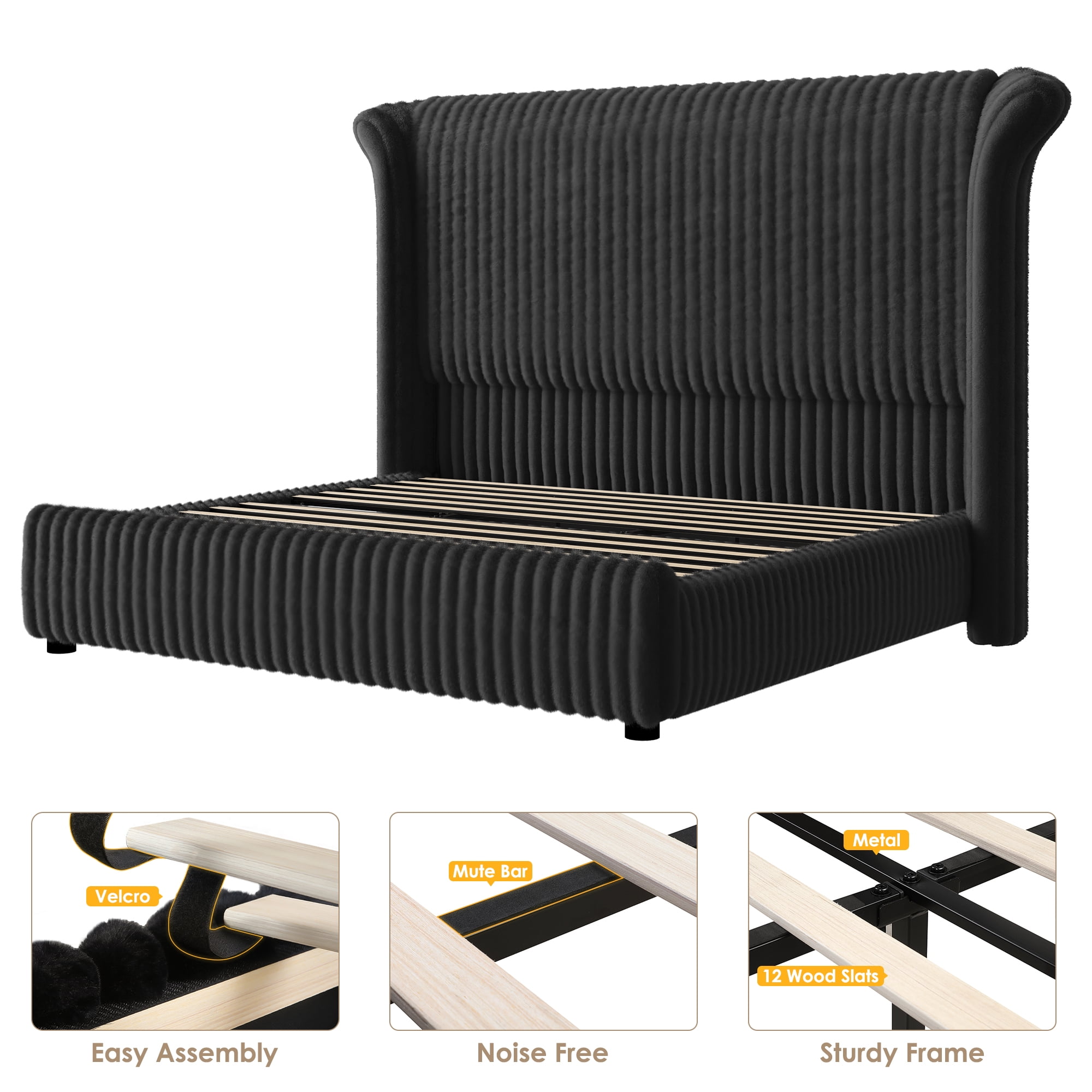 Hiphuta Corduroy Upholstered King Size Bed Frame with Headboard, LED Platform King Bed Frame with 55"H Tall Vertical Stripe Corduroy Wingback Headboard, Black
