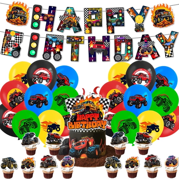 Monster Truck Themed Birthday Party Decoration Set, 30pc Includes Banner, Cake Toppers, Balloons, and Cupcake Decorations.