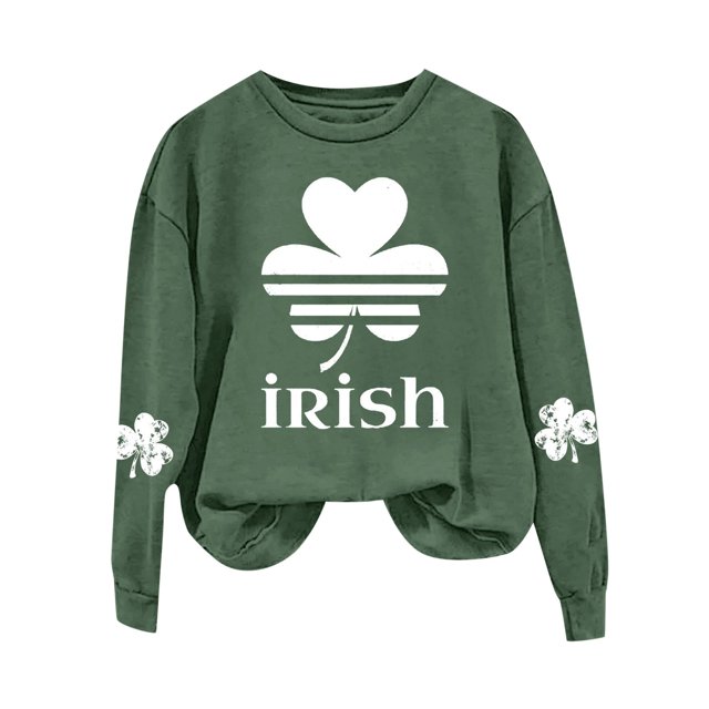 WEAIXIMIUNG Chandails Courts pour Femmes Mode Décontractée Jour de la Saint-Patrick Vert Imprimé Graphique Trèfle à Quatre Feuilles Col Rond Manches Longues Chandail de Jogging