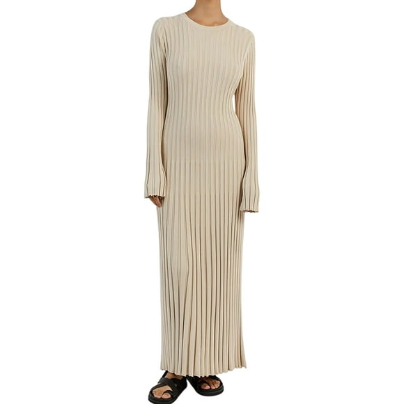 SIOR Robe Longue Plissée à Manches Longues en Tricot Côtelé Col Rond Moulante à Volants Robe Pull Y2K Abricot Petite