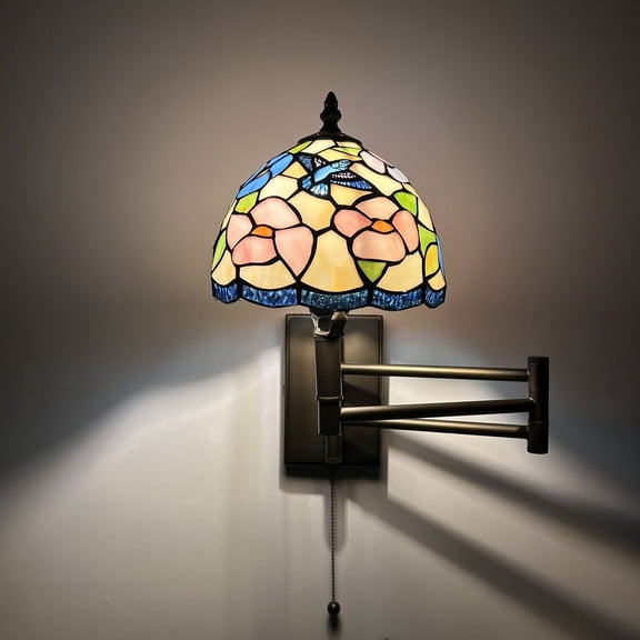 Tiffany Style Sconce Lamp Swing Arm Stained Glass Hummingbird Flowers LED Bulb Included 13”W*8”D*15”H