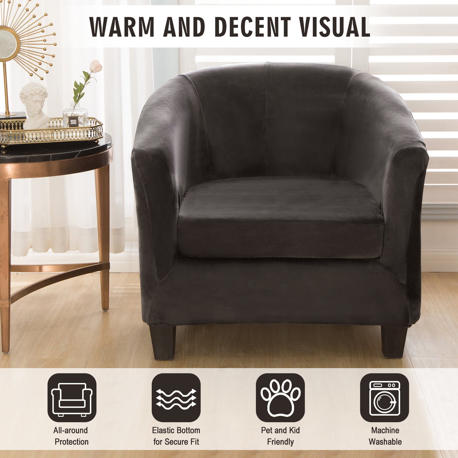 SHANNA Velvet Tub Chair Covers, 2 Pieces Stretch Modern Armchair Slipcovers Non Slip Sofa Couch Slipcover for Club Bar Counter Living Room Reception,With Separate Cushion Cover, Dark Gray, 1 Pack