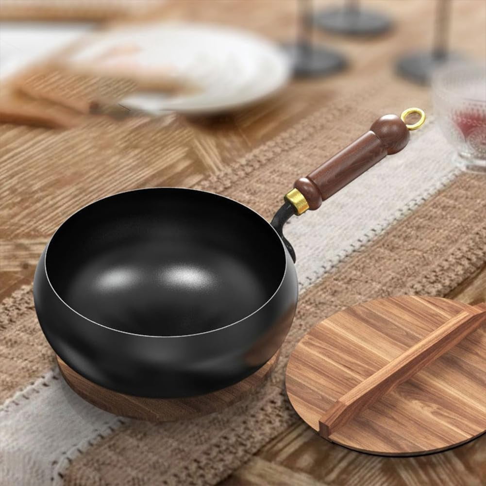 Jinswhdre Cast Iron Skillet, 2026 New 9.5/11in Uncoated Pure Iron Skillet With Lid, Multi-purpose Frying Wok, Hand-Forged Non-stick Pans Without Coating (9.45in)