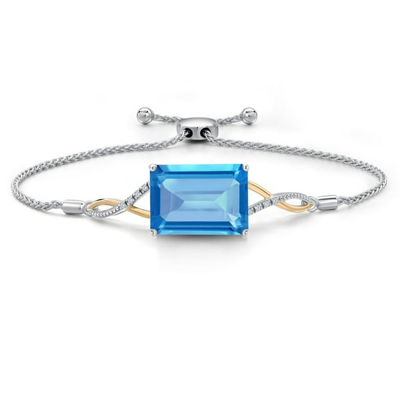 Gem Stone King 16.06 Ct Swiss Blue Topaz G/H Lab Grown Diamond 925 Silver and 10K Yellow Gold Bracelet