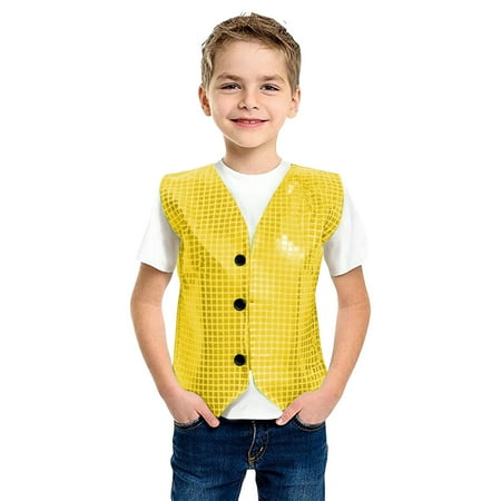 ZHOUCHANKIDS Kids Sequin Vest Sparkly V Neck Shiny Waistcoat for Boys Girls Disco Party Vest Prom Mardi Gras Carnival Gold 11-12Years