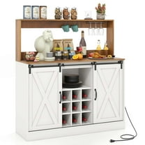 Costway 47.5" Farmhouse Coffee Bar Cabinet with Charging Station Glass Cup Holders Hutch