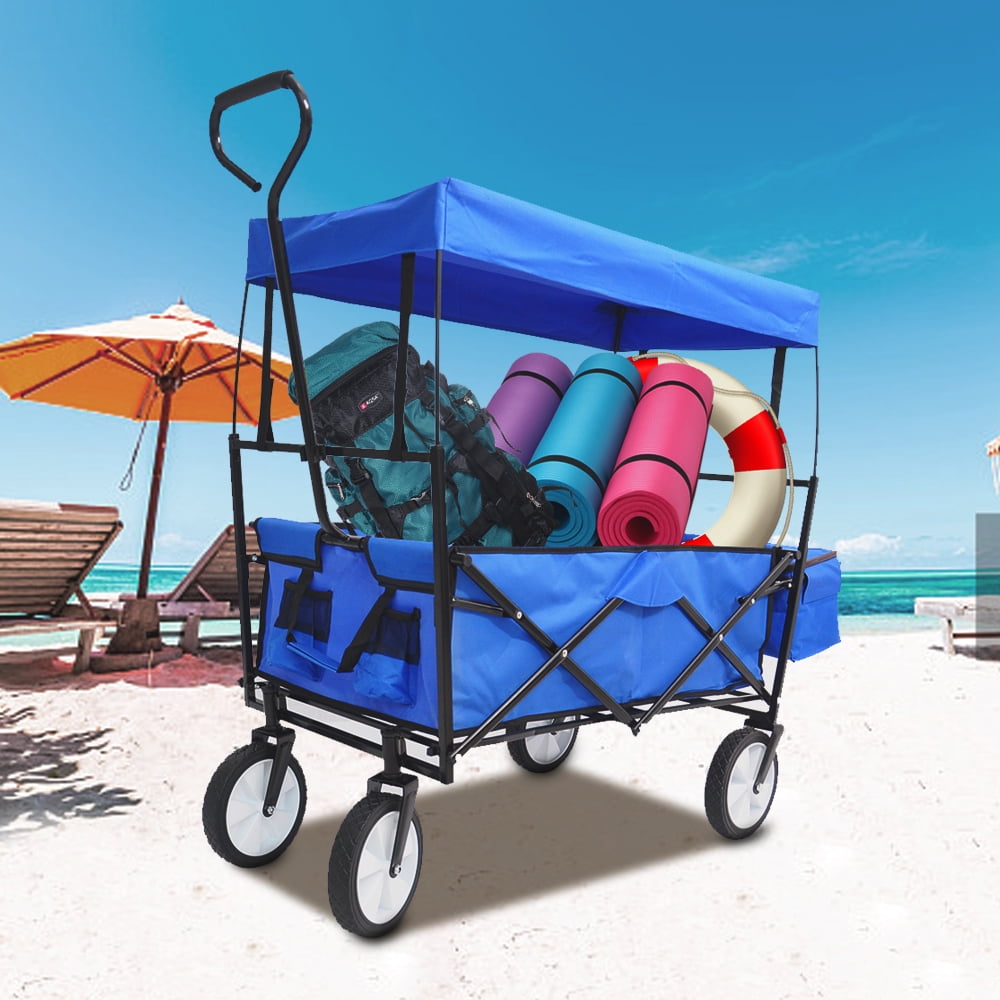 Collapsible Wagon, Beach Carts with Canopy, Heavy Duty Folding Utility