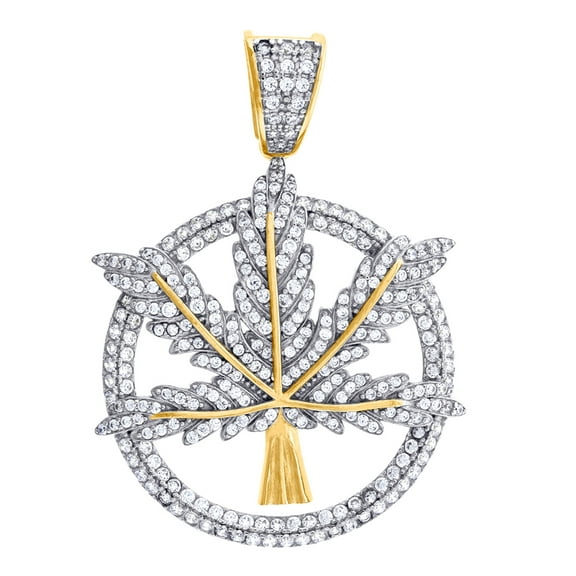 Yellow-tone 925 Sterling Silver Mens Round Cubic Zirconia Leaf Medallion Pendant Charm Necklace for Men