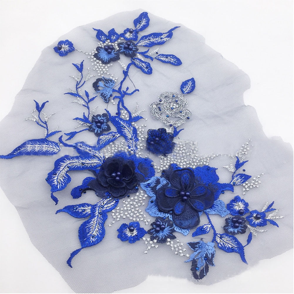 Colorful 3D Flower Embroidery Patches Bridal Lace Sewing Fabric Applique Beaded Pearl Tulle DIY Wedding Dress Blue 