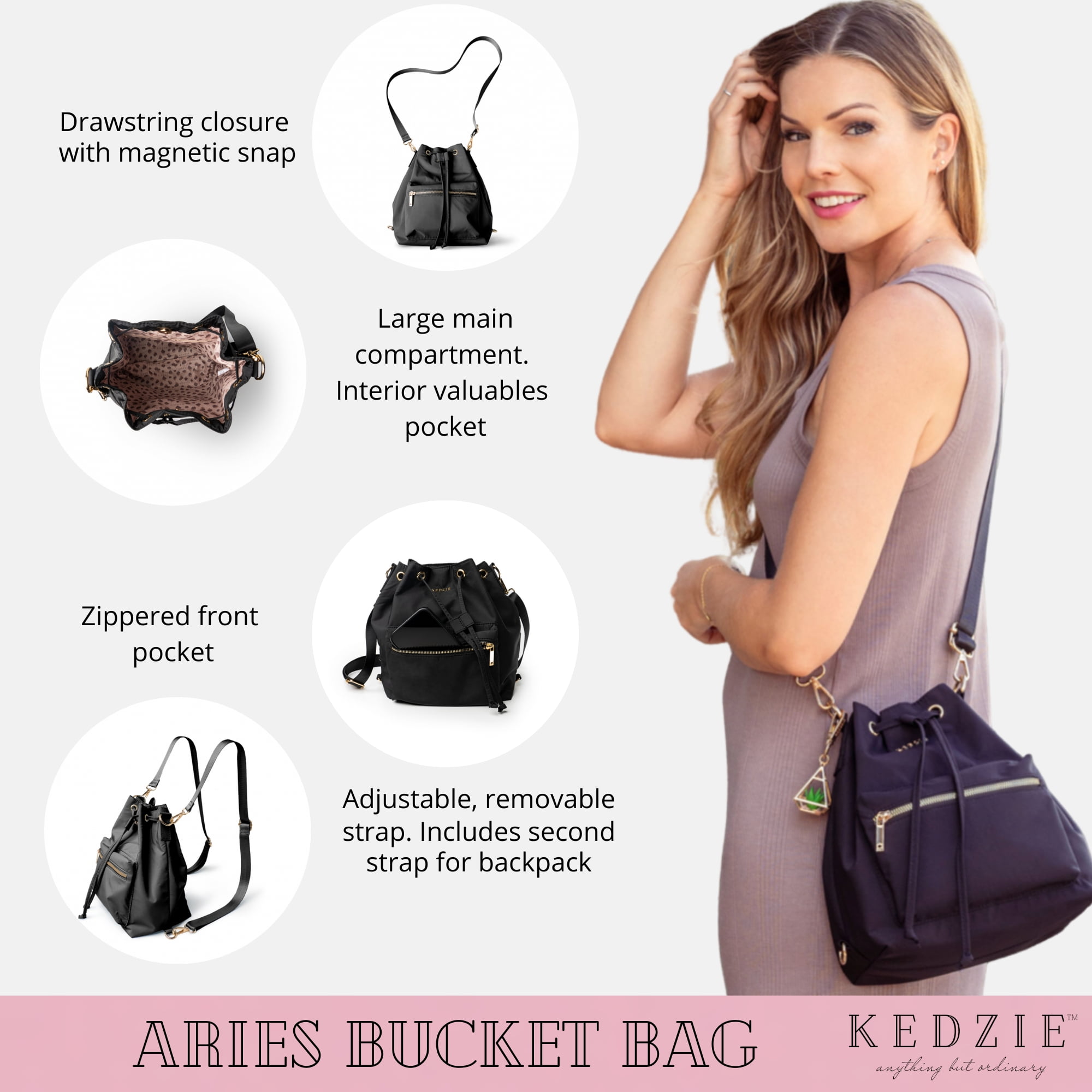 Kedzie Aries Convertible Bucket Bag 3-Way Backpack Crossbody Strap Purse, Coral (Women's)