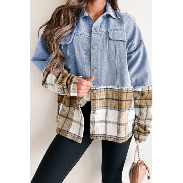 I AM A FASHION JUNKY Khaki Plaid Patchwork Buttoned Oversized Denim Jacket (Khaki, XL, 75%Cotton+25%Polyester)