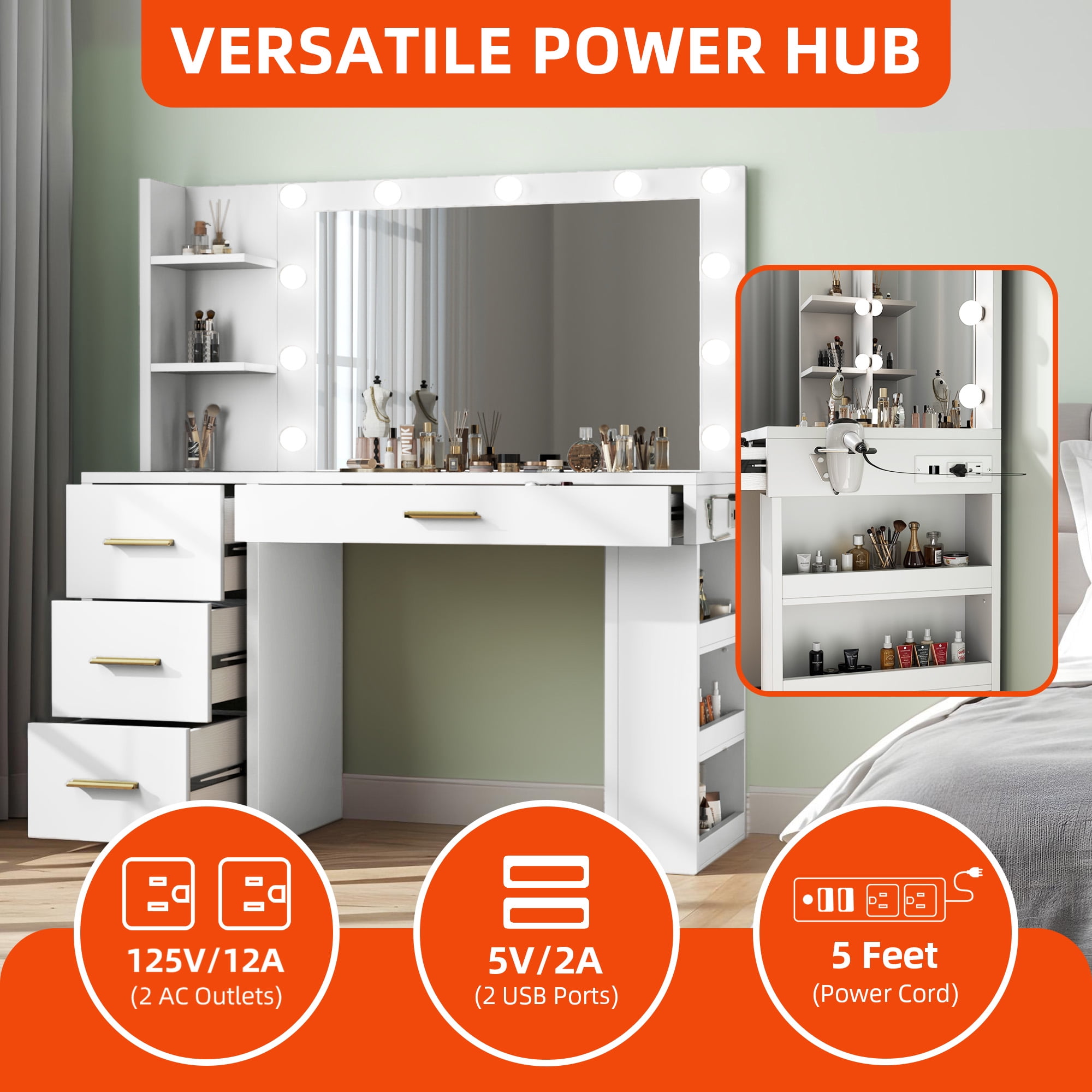 Uforic Adults' Makeup Vanity – Modern White Desk with 3-Color Lights, Storage Shelves, 4 Drawers & USB Charging Station
