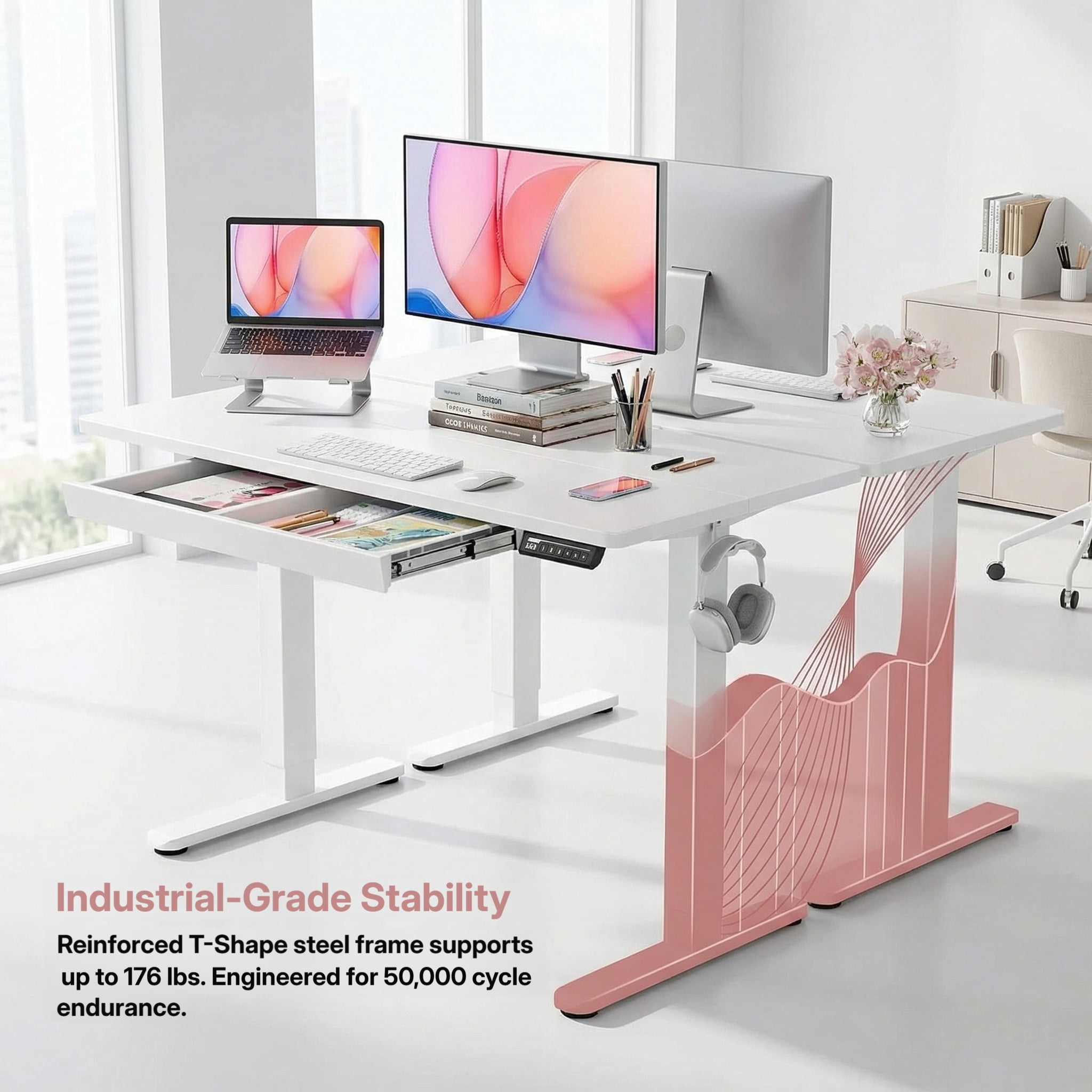 Kyspho Electric Standing Desk with Built-in Drawer, 48" x 24" Adjustable Height Computer Desk, 4 Memory Presets for Home Office, White