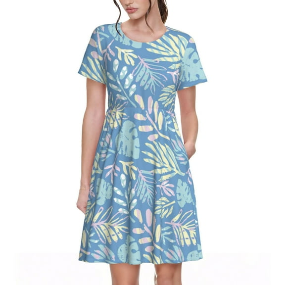 Spring Summer Dresses for Women 2025 - Tropical Leaf Palm Tree Wedding Guest Dresses, Beach Vacation Clothes, Hawaiian Sundresses Casual Short Sleeve Dress for Women with Pockets