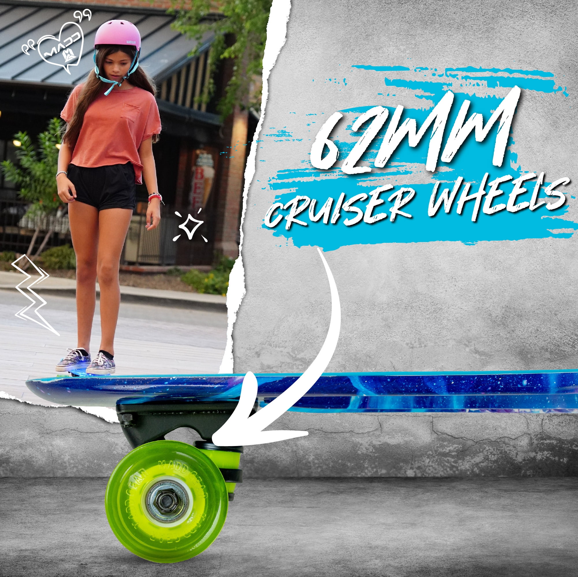 Madd Gear 22" Retro Beginner Skateboard Mini Cruiser- 62 mm Wheels Beginner Penny Style Board