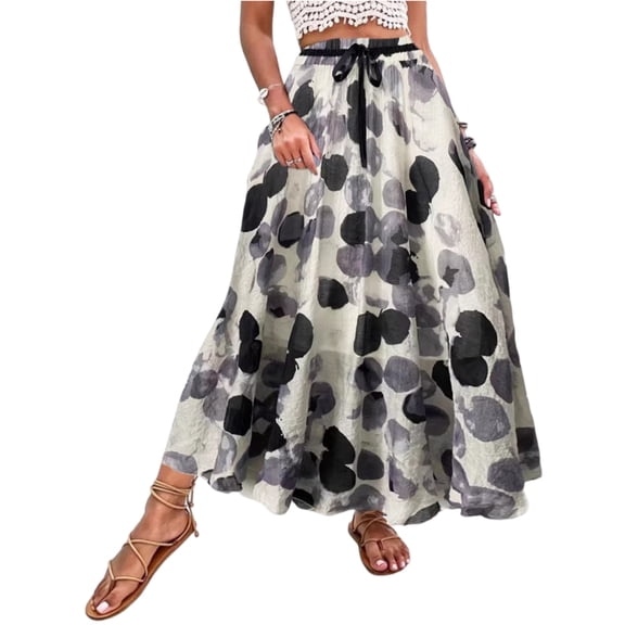 Women's Boho Skirt Waisted Drawstring Pleated A Line Skirts Flowy Vacation Beach Long Skirts