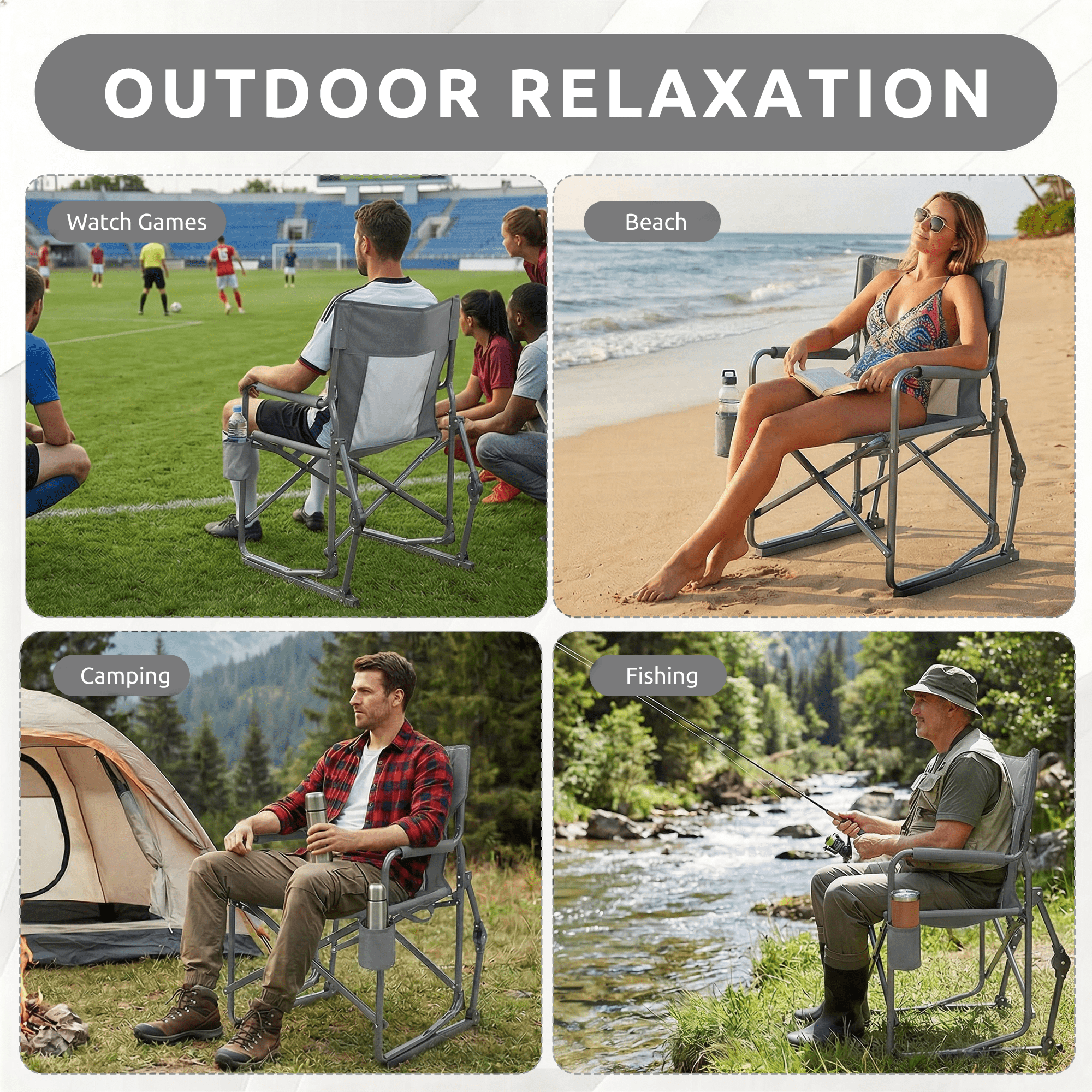 LIFERECORD Outdoor Rocker Camping Chair, Portable Folding Rocking Chair,Waterproof Cup Holder, Mesh Back for Patio Beach Sports Events